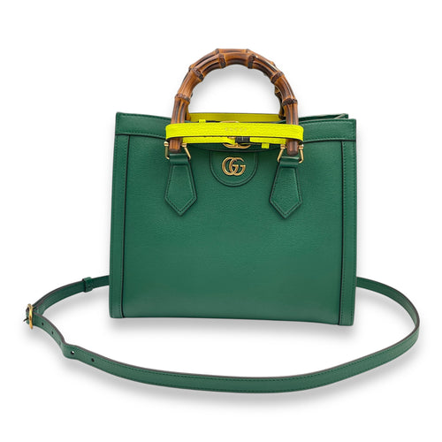 Diana Small 27x24x11cm Green Shoulder Bag in Boar leather, bamboo handle, Gold hardware