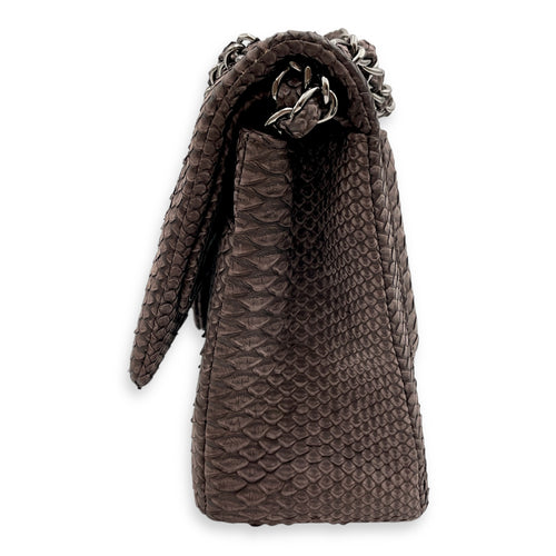 Chanel Classic (DF) Jumbo Dark Brown Shoulder Bag in Python Leather, Palladium hardware