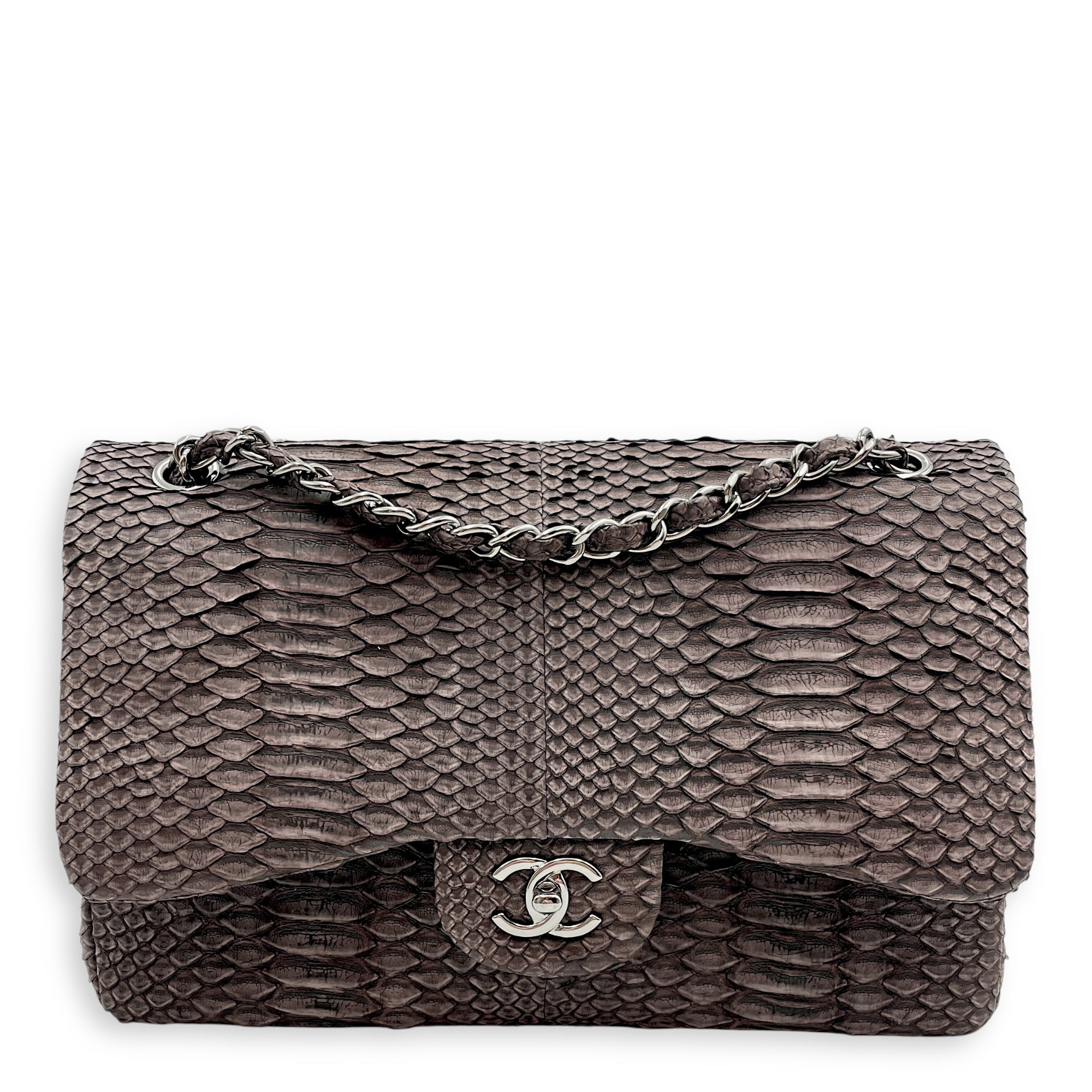 Chanel Classic (DF) Jumbo Dark Brown Shoulder Bag in Python Leather, Palladium hardware