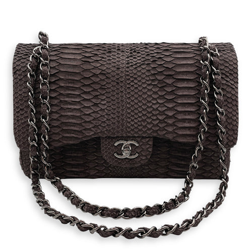 Chanel Classic (DF) Jumbo Dark Brown Shoulder Bag in Python Leather, Palladium hardware