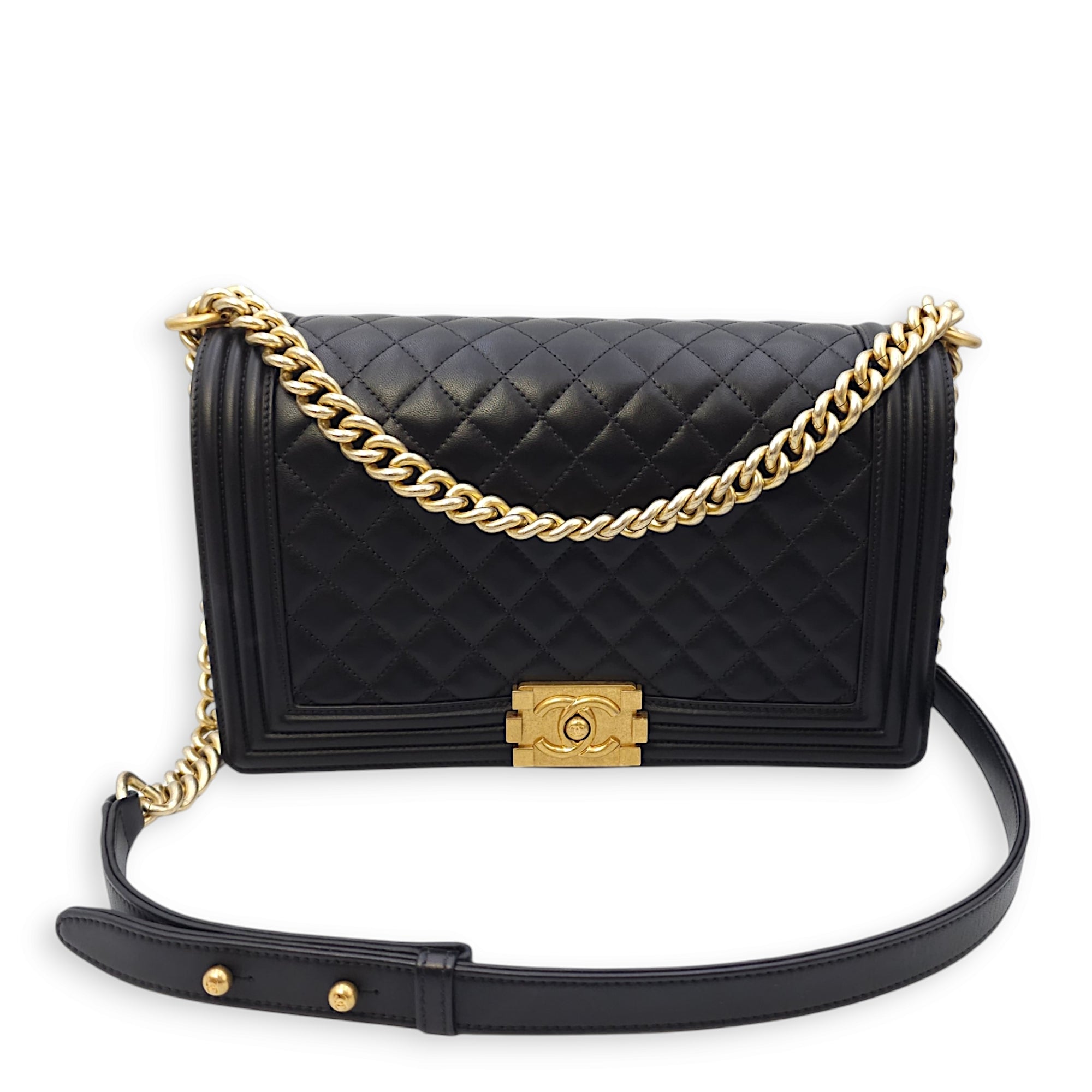 Quilted Boy (28cm) Medium Black Crossbody Bag in Lambskin, Gold hardware