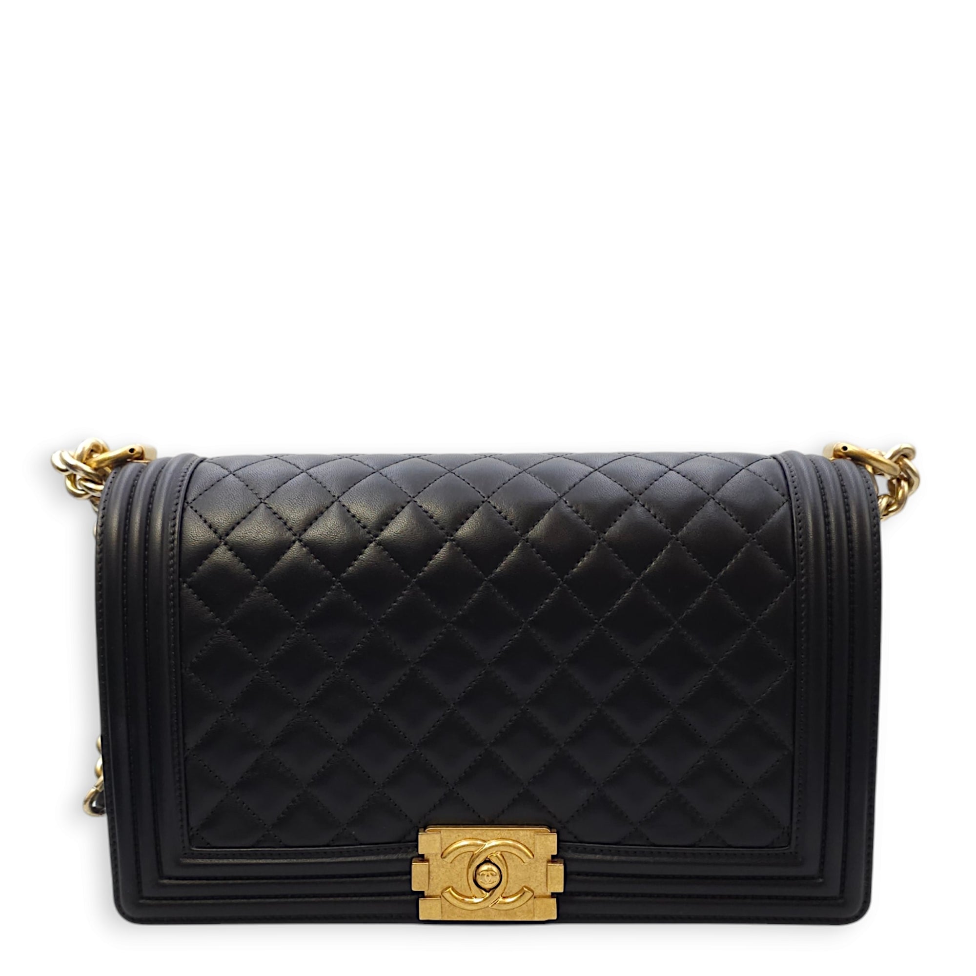 Quilted Boy (28cm) Medium Black Crossbody Bag in Lambskin, Gold hardware