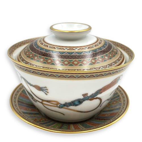 Cheval d’Orient Tea Cup with Lid & Saucer, Large Model Tableware, Gold hardware