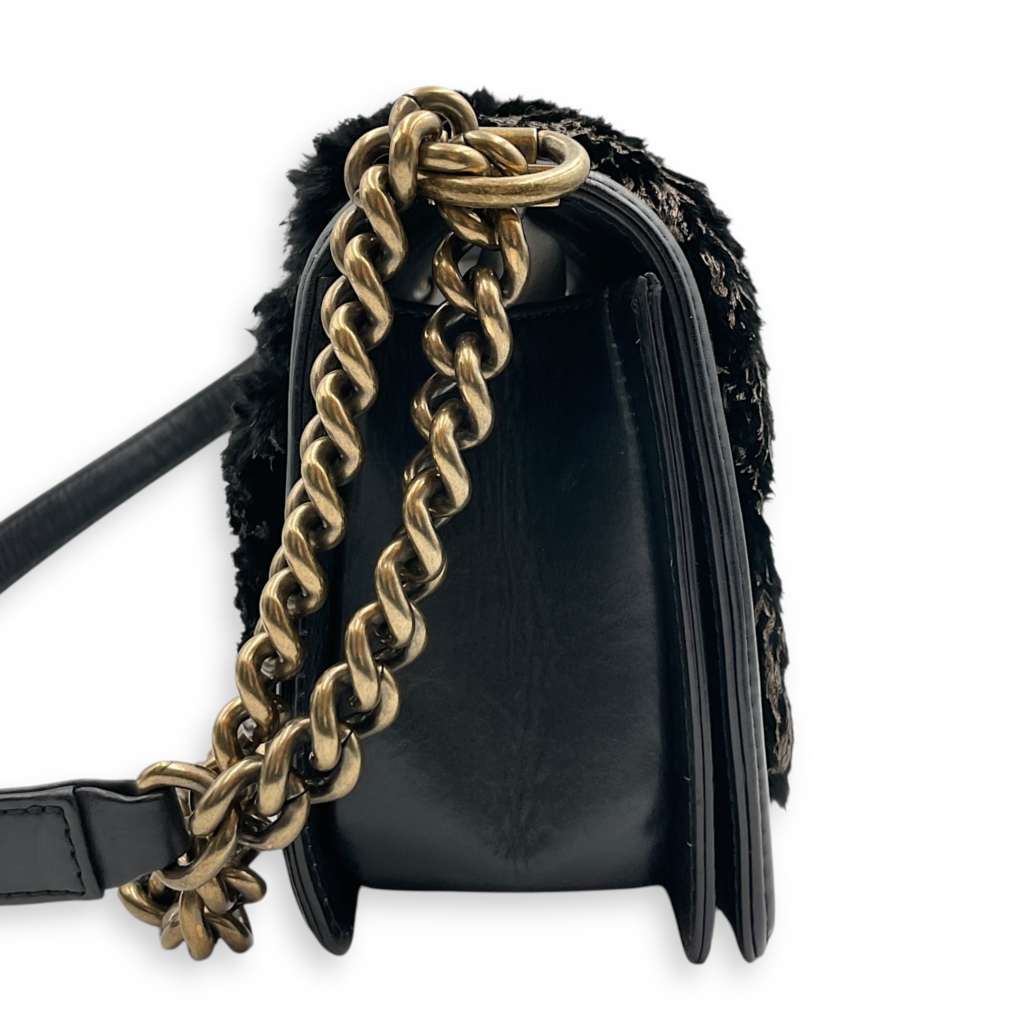 Fur Boy  Old Medium Black Shoulder Bag in Fur  Gold hardware C81922 3