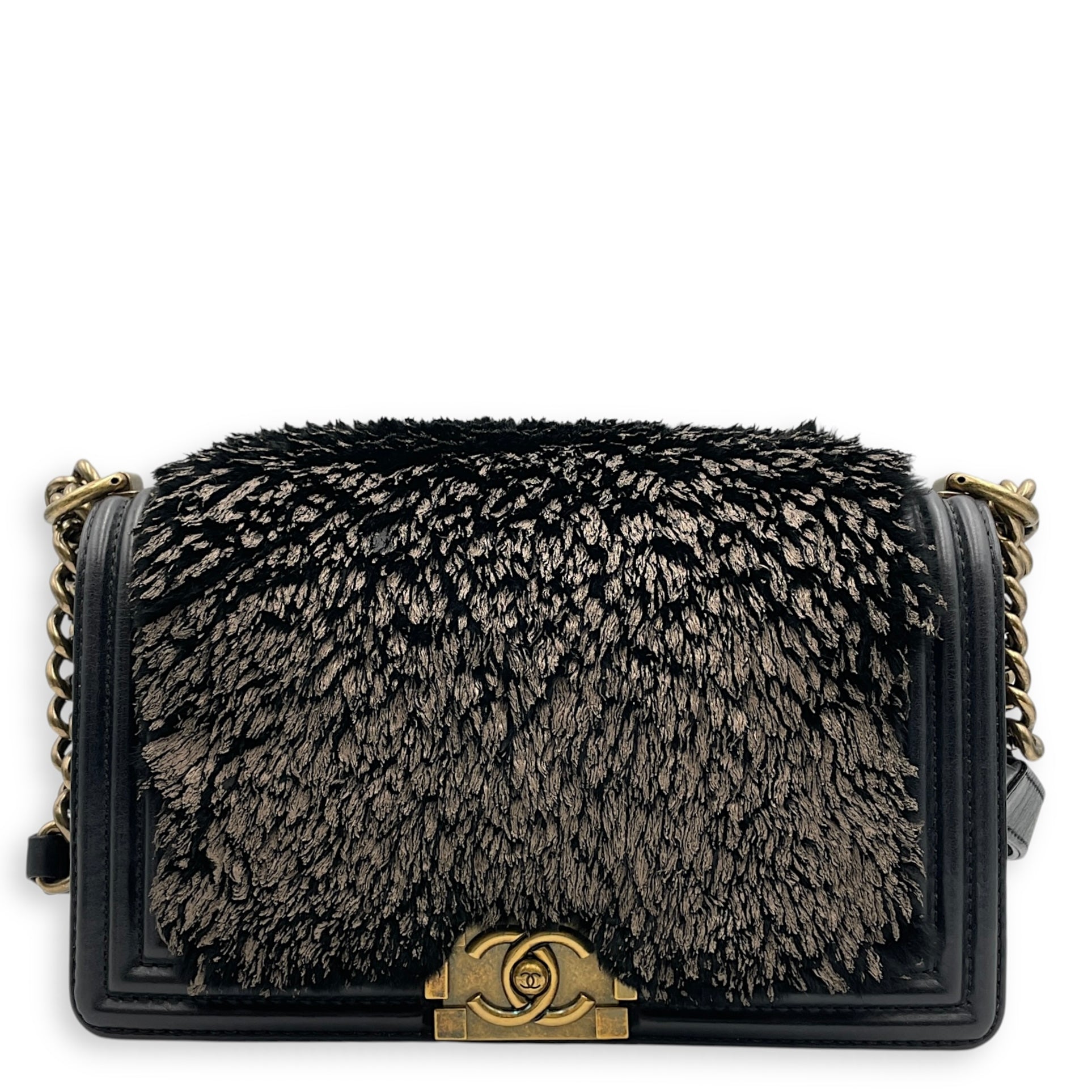 Fur Boy Old Medium Black Shoulder Bag in Fur, Gold hardware