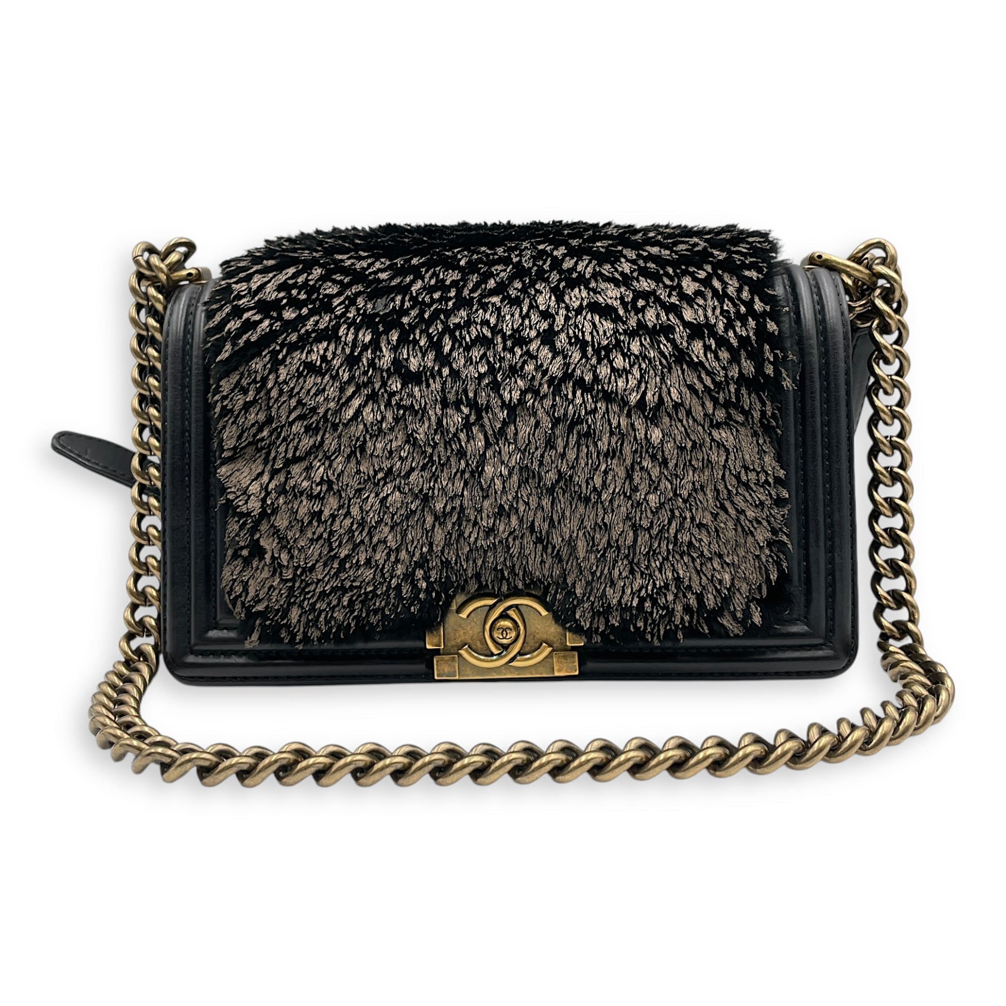 Fur Boy  Old Medium Black Shoulder Bag in Fur  Gold hardware C81922 6