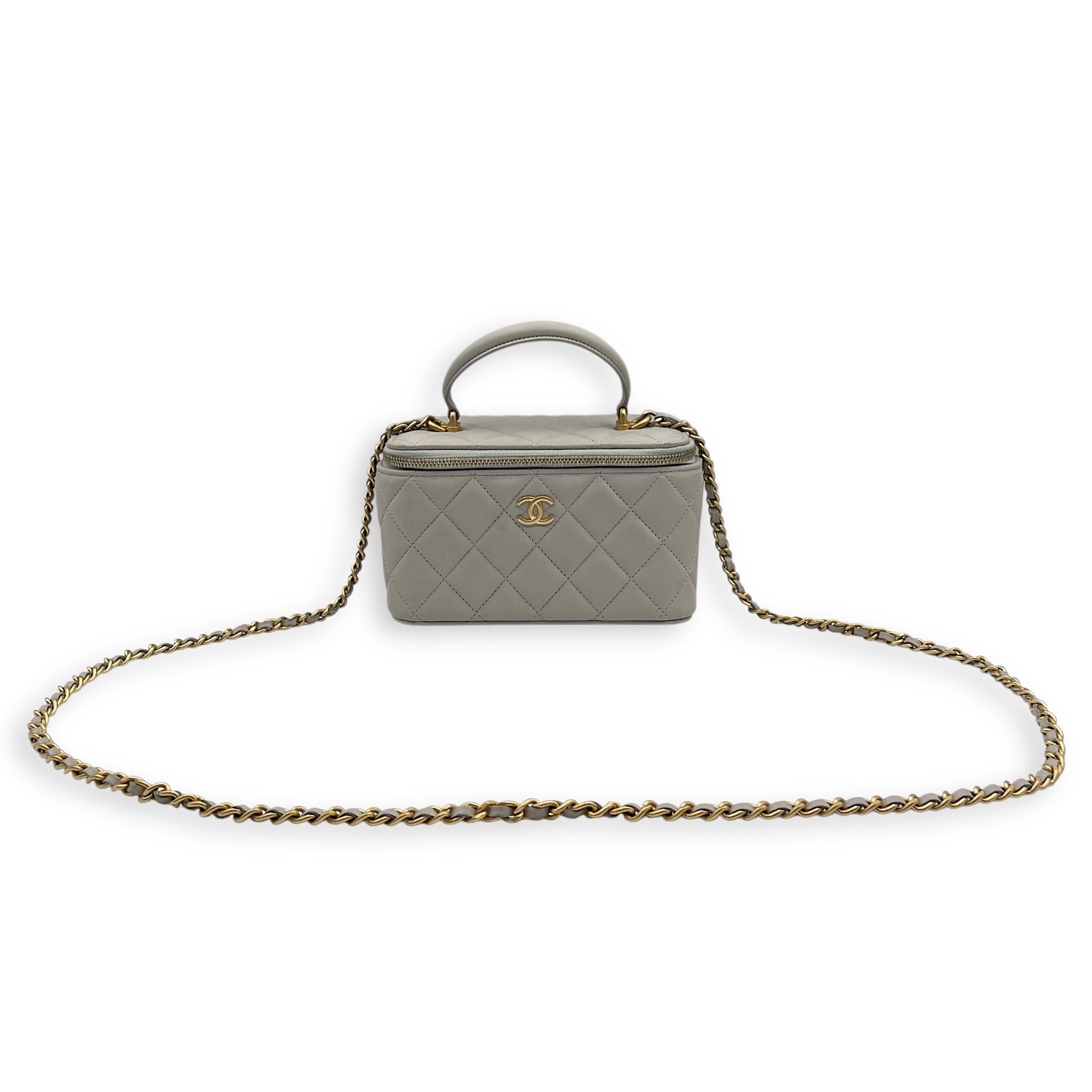 Quilted Mini Grey Vanity Bag with Top Handle in Lambskin, Gold hardware