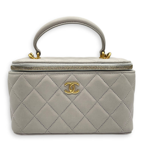 Quilted Mini Grey Vanity Bag with Top Handle in Lambskin, Gold hardware