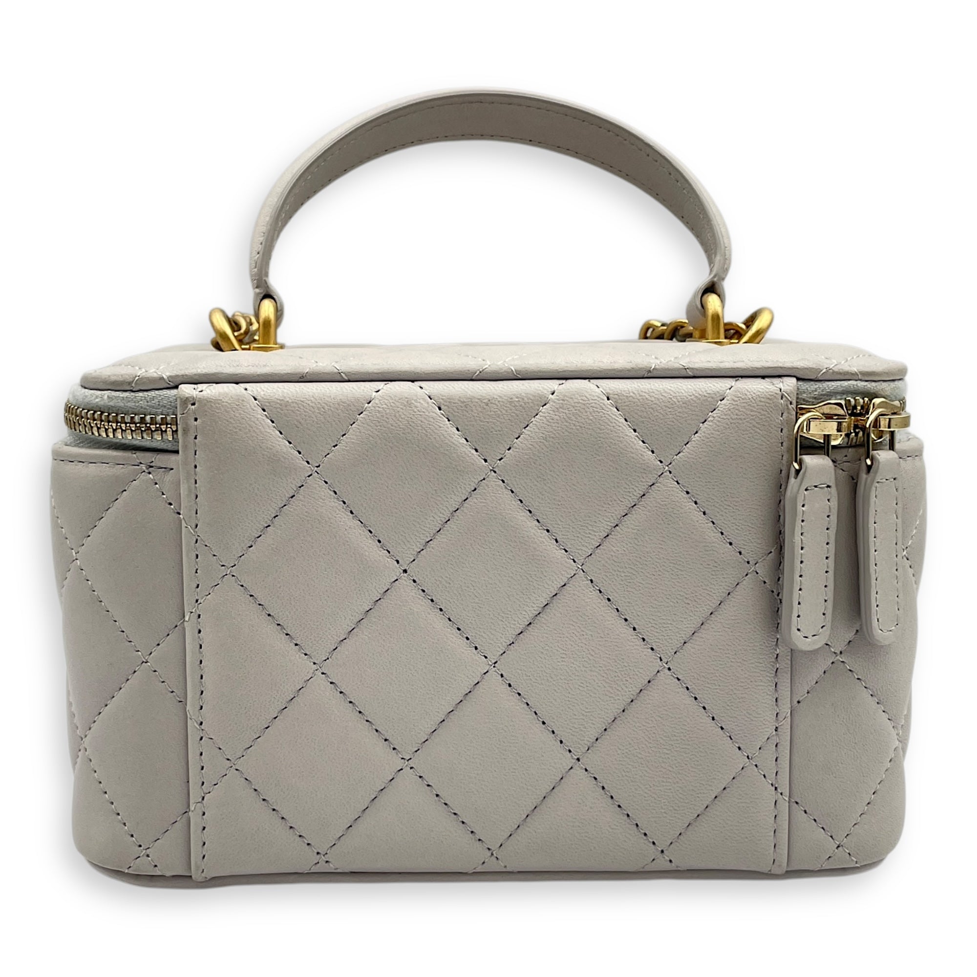 Quilted Mini Grey Vanity Bag with Top Handle in Lambskin, Gold hardware