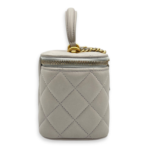 Quilted Mini Grey Vanity Bag with Top Handle in Lambskin, Gold hardware