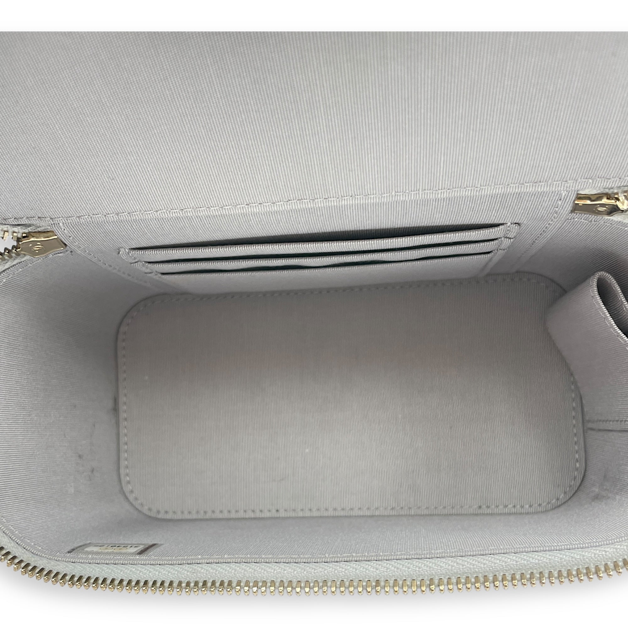 Quilted Mini Grey Vanity Bag with Top Handle in Lambskin, Gold hardware