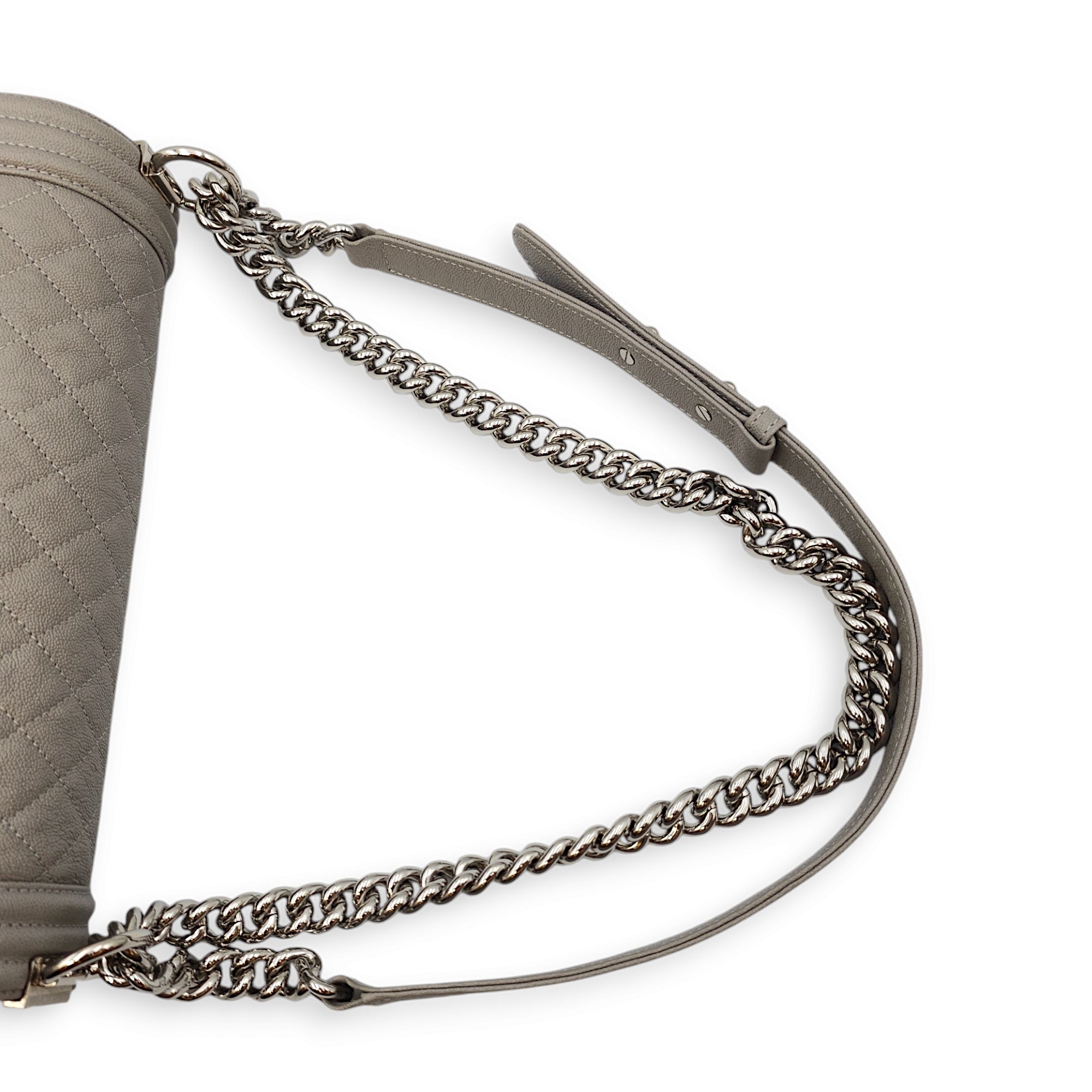 Quilted Boy (28cm) Medium Grey Shoulder Bag in Caviar Leather, Silver hardware