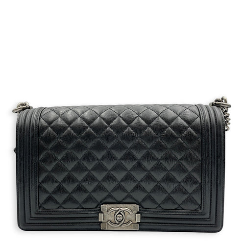 Quilted Boy (28cm) Medium Black Crossbody Bag in Caviar Leather, Ruthenium hardware