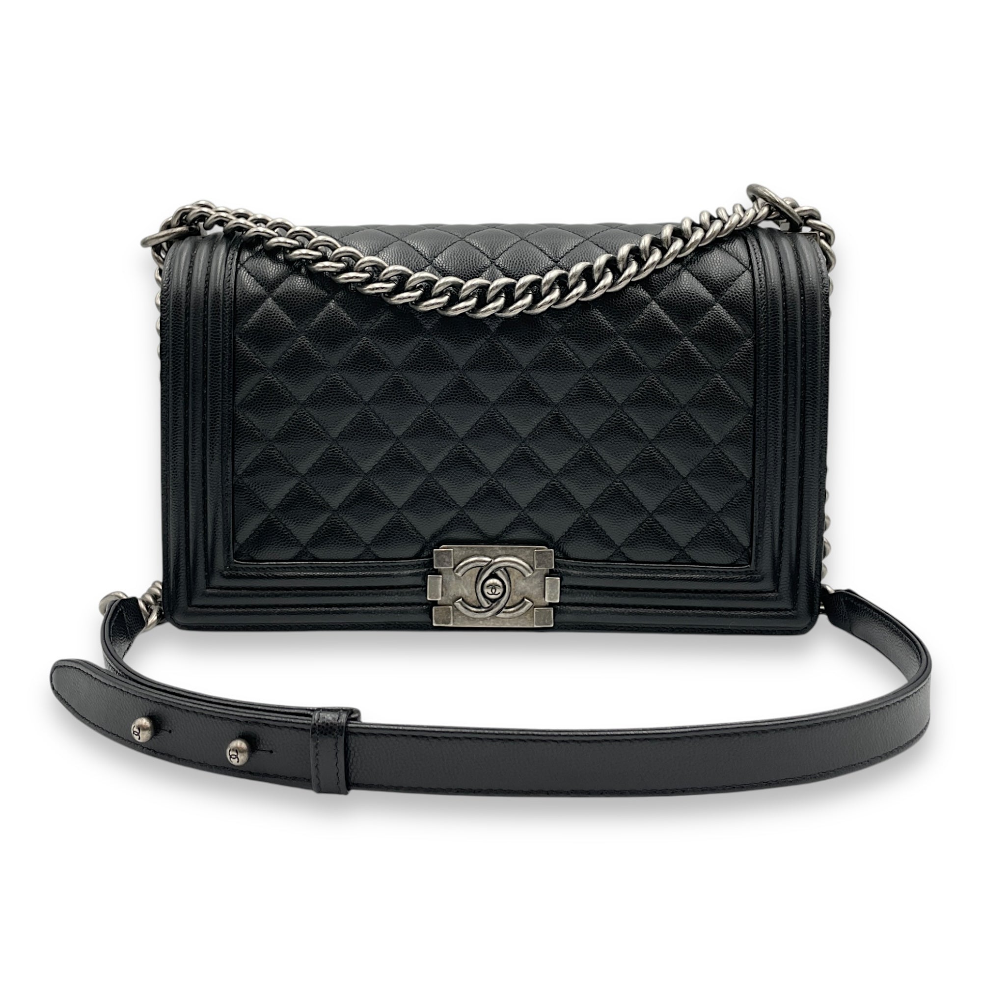 Quilted Boy (28cm) Medium Black Crossbody Bag in Caviar Leather, Ruthenium hardware