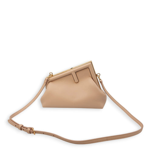 First Bag Small 24x18/11x9cm Beige Crossbody Bag in Nappa, Gold hardware