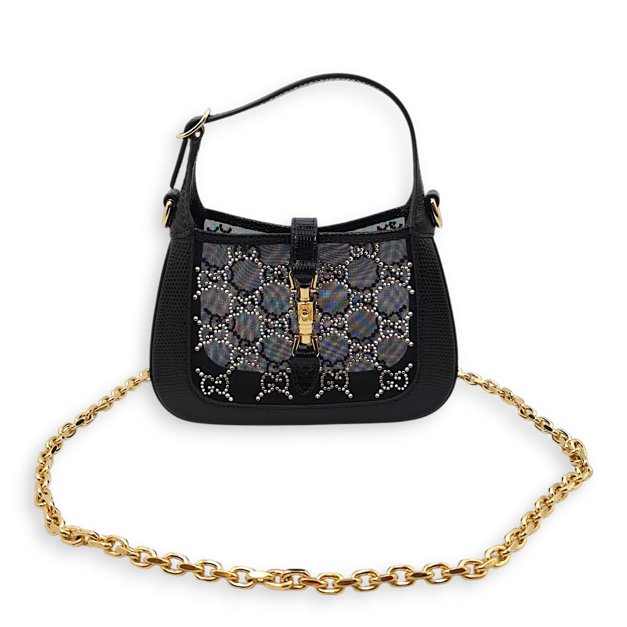 Jackie 1961 Mini 19x13x3cm Black Shoulder Bag in Lizard, mesh with crystals, Gold hardware