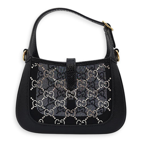 Jackie 1961 Mini 19x13x3cm Black Shoulder Bag in Lizard, mesh with crystals, Gold hardware