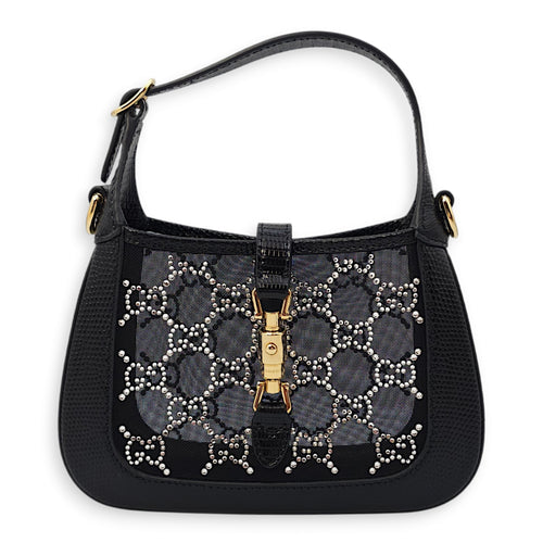 Jackie 1961 Mini 19x13x3cm Black Shoulder Bag in Lizard, mesh with crystals, Gold hardware