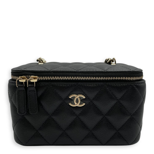 Quilted Vanity (Rectangle) Mini Black Crossbody Bag in Caviar Leather, Gold hardware