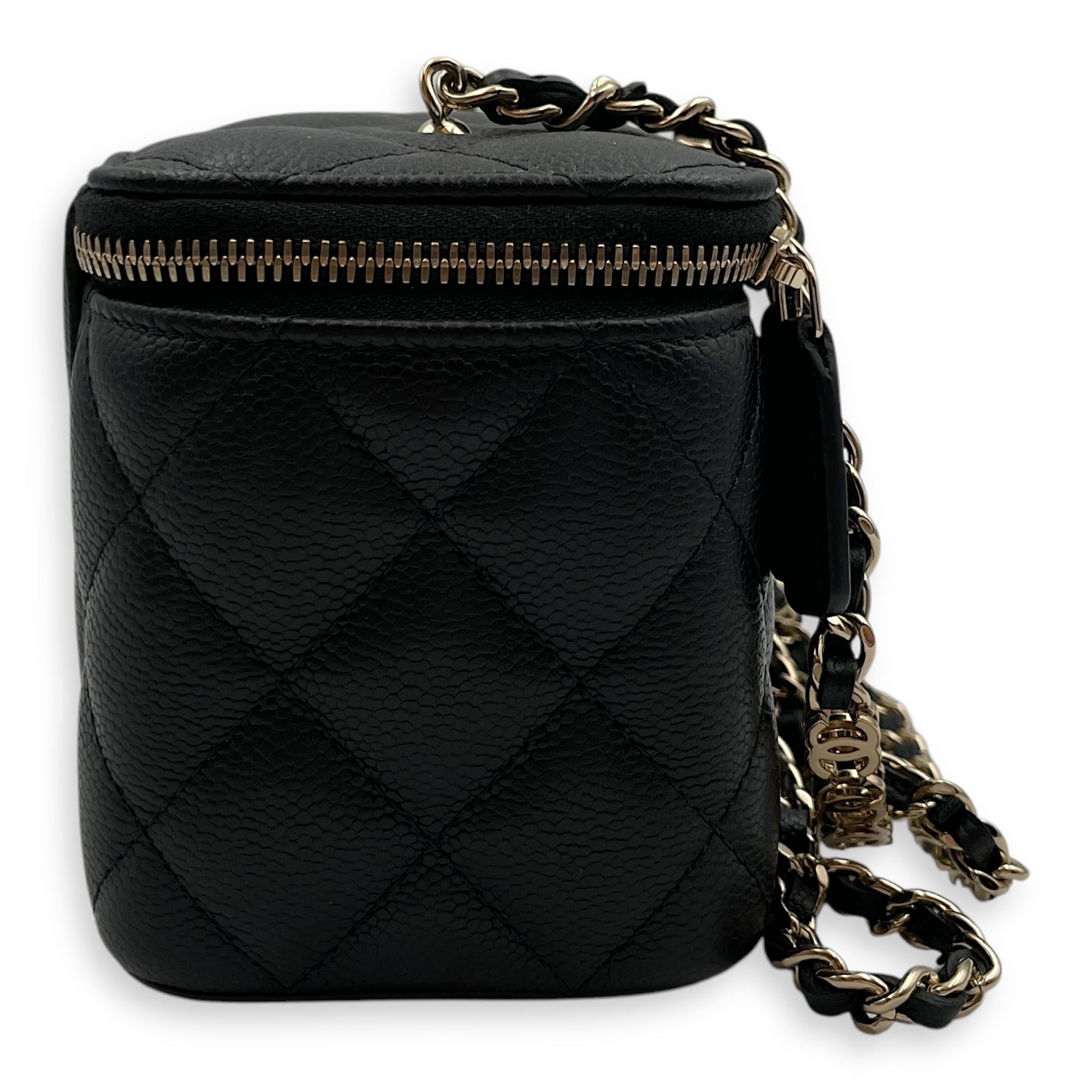 Quilted Vanity (Rectangle) Mini Black Crossbody Bag in Caviar Leather, Gold hardware