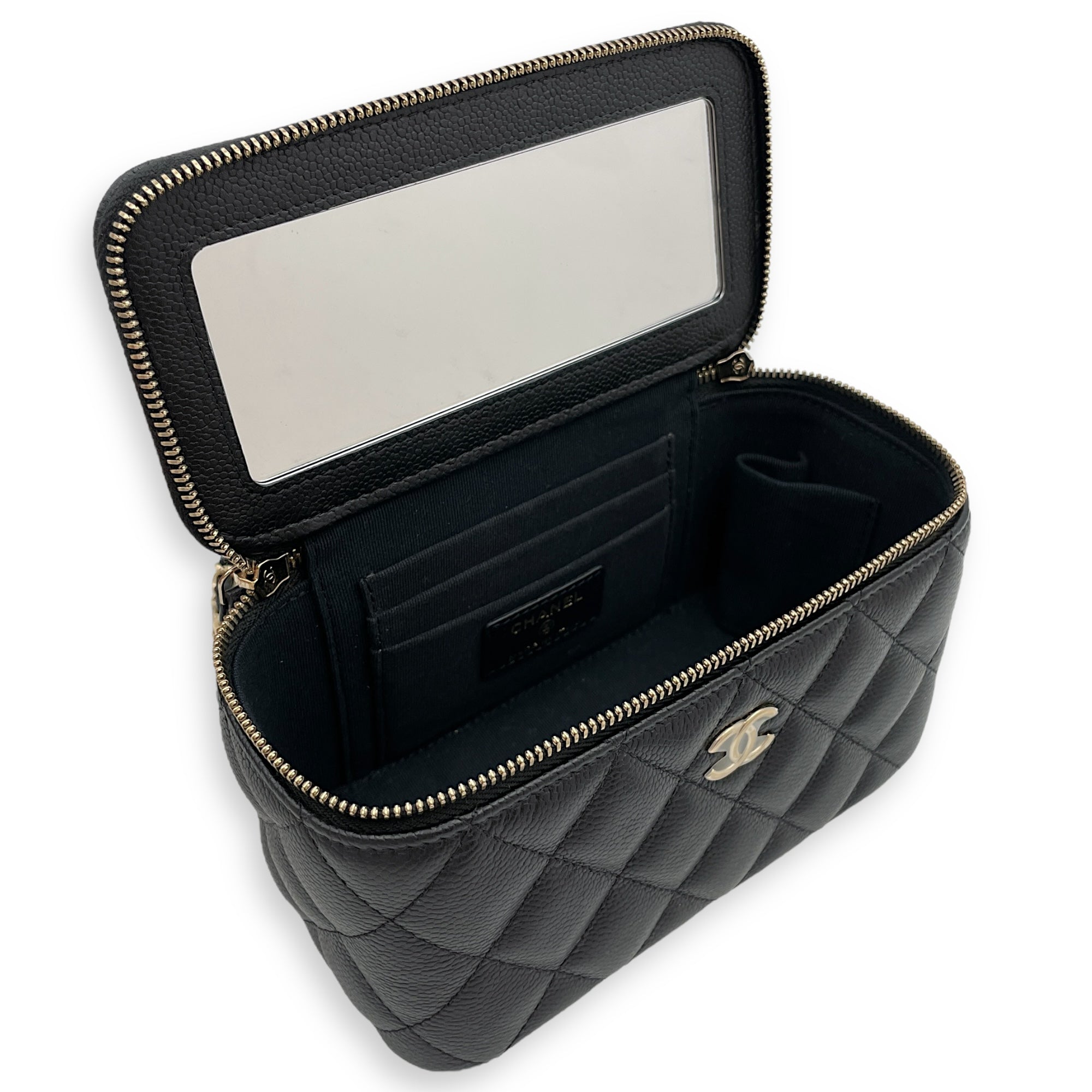 Quilted Vanity (Rectangle) Mini Black Crossbody Bag in Caviar Leather, Gold hardware