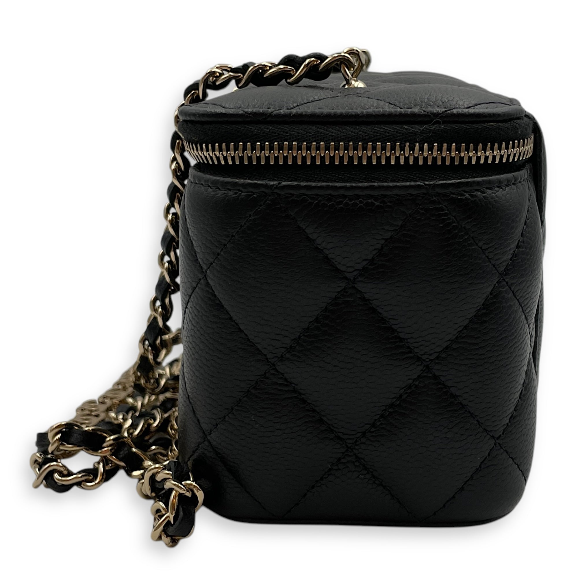 Quilted Vanity (Rectangle) Mini Black Crossbody Bag in Caviar Leather, Gold hardware