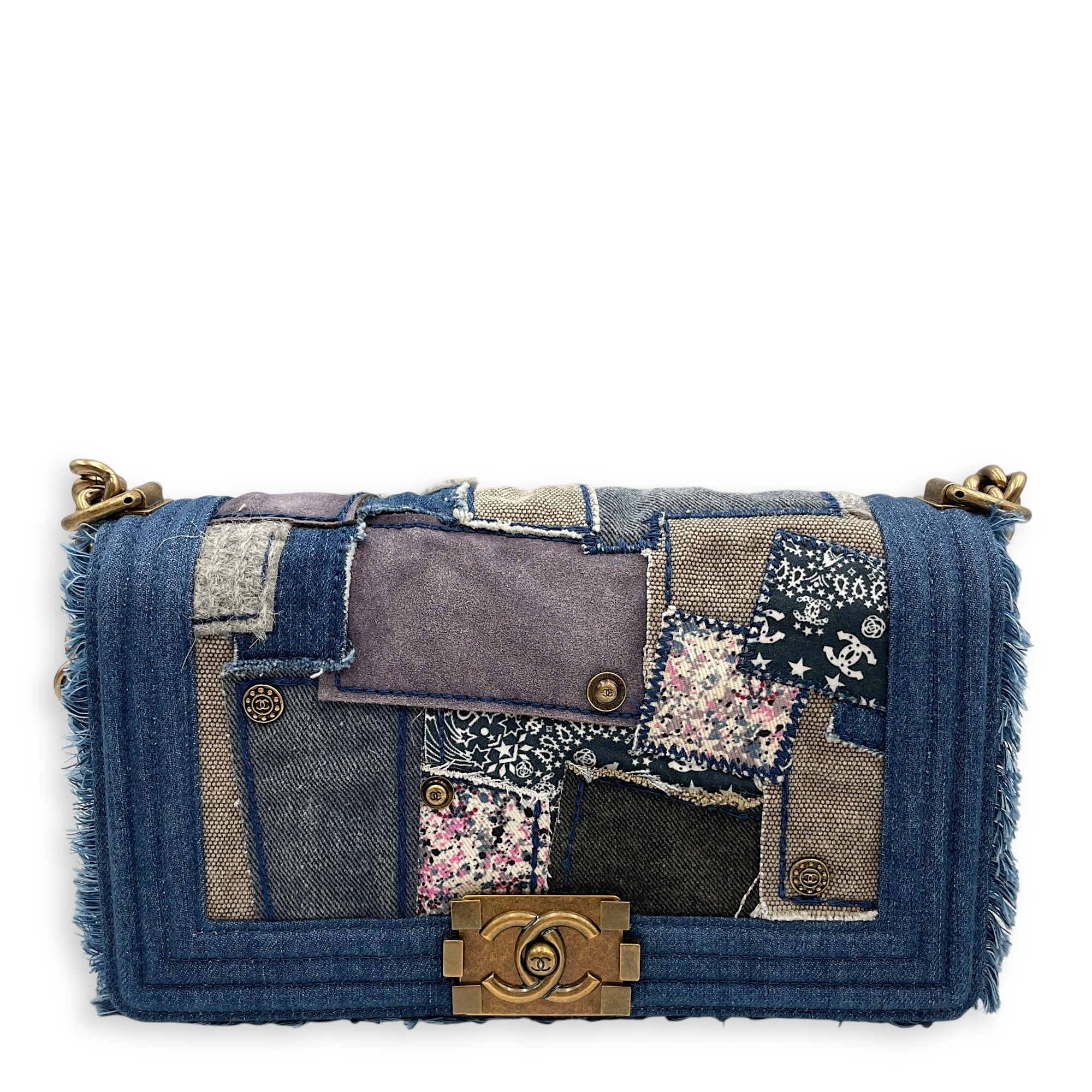 Seasonal Patchwork Boy medium (25cm) Medium Blue Crossbody Bag in Denim, fabric, Antique gold hardware