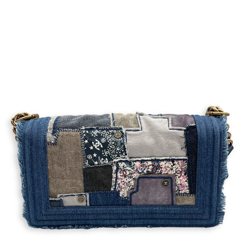 Seasonal Patchwork Boy medium (25cm) Medium Blue Crossbody Bag in Denim, fabric, Antique gold hardware