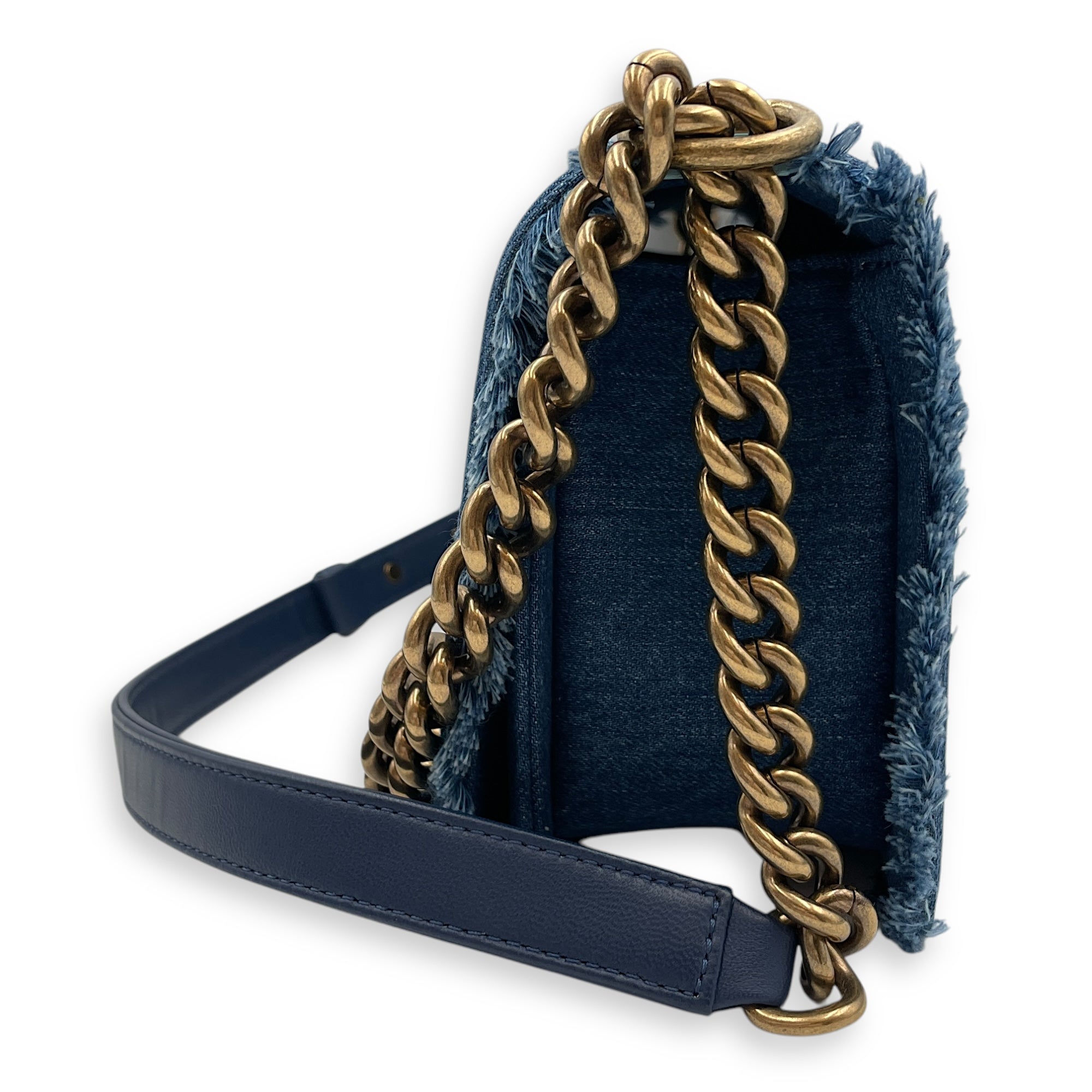 Seasonal Patchwork Boy medium (25cm) Medium Blue Crossbody Bag in Denim, fabric, Antique gold hardware