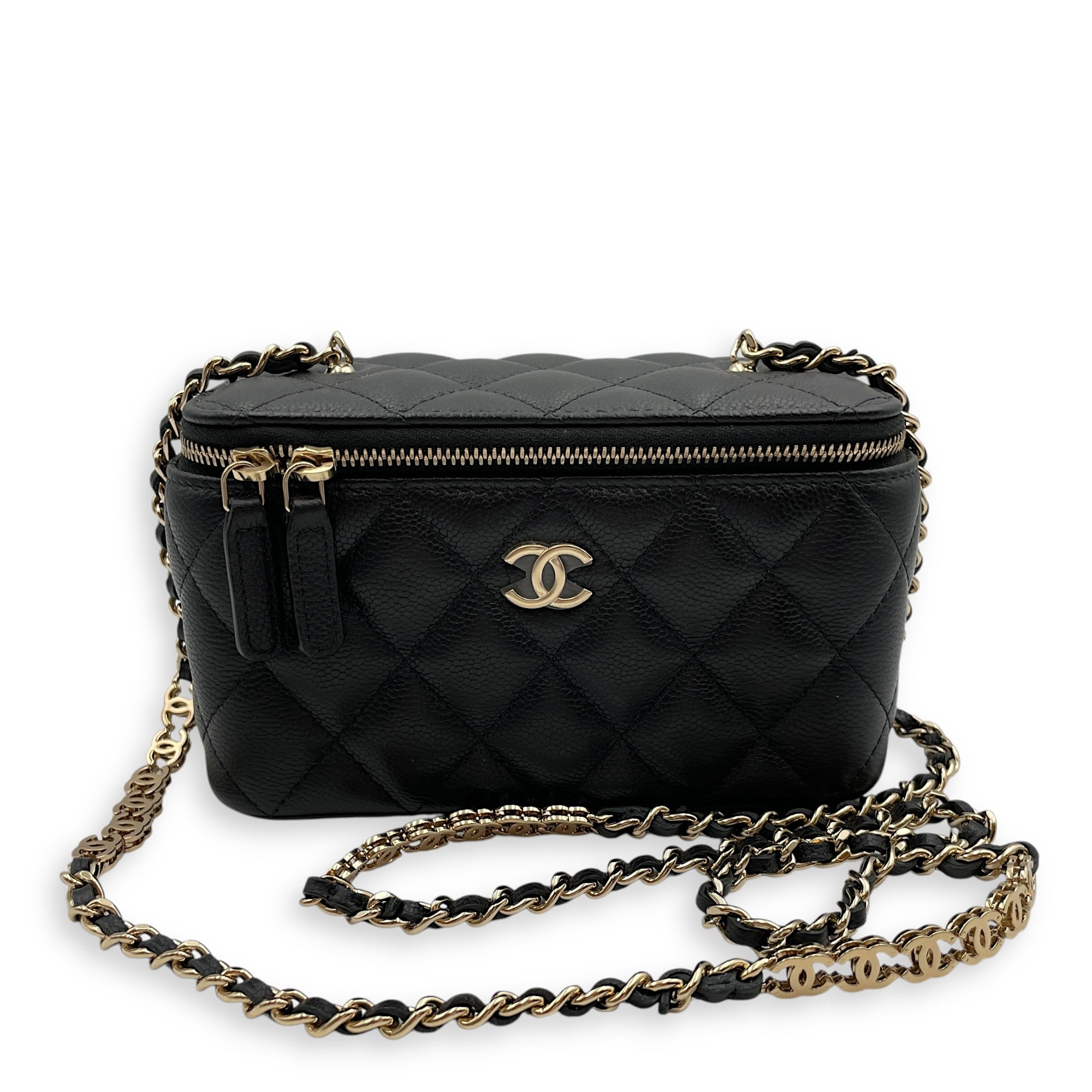 Quilted Vanity (Rectangle) Mini Black Crossbody Bag in Caviar Leather, Gold hardware