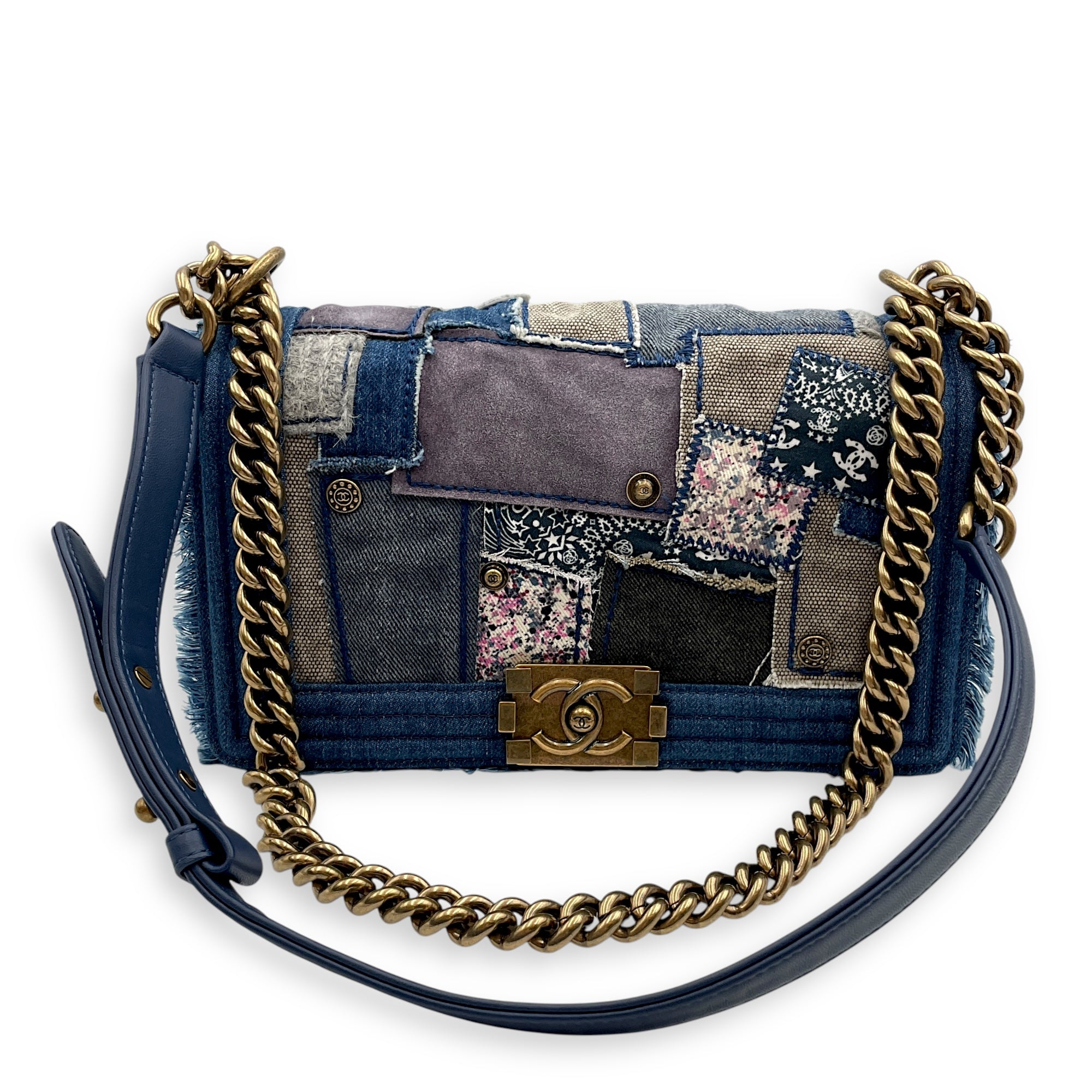 Seasonal Patchwork Boy medium (25cm) Medium Blue Crossbody Bag in Denim, fabric, Antique gold hardware