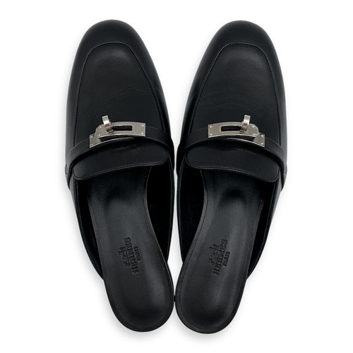 Oz 38.5 Black Mules in Calfskin, Palladium hardware