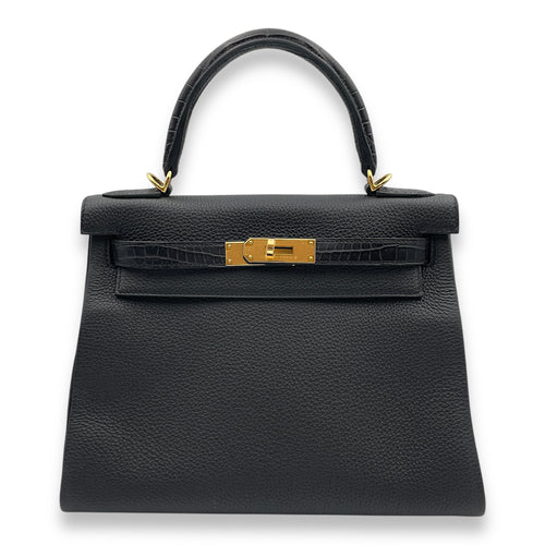 Kelly Touch 28 Black in Togo/Matte Porosus, Gold hardware