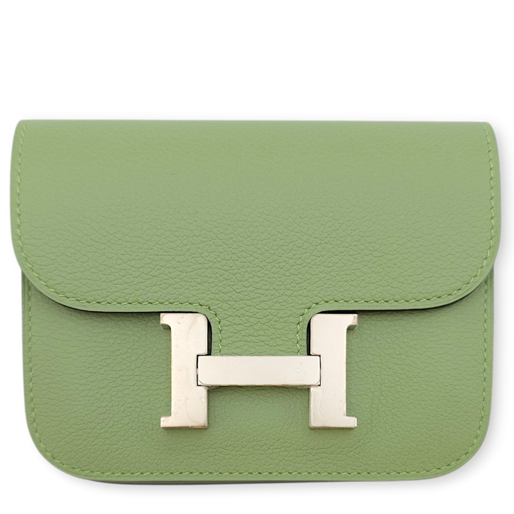 Constance Slim Vert Criquet Wallet in Evercolor, Palladium hardware