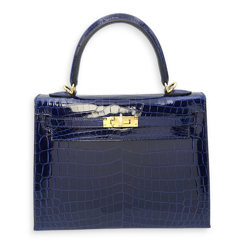 Sellier Kelly 25 Blue Sapphire in Shiny Niloticus, Gold hardware