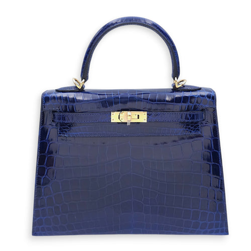 Sellier Kelly 25 Blue Sapphire in Shiny Niloticus, Gold hardware