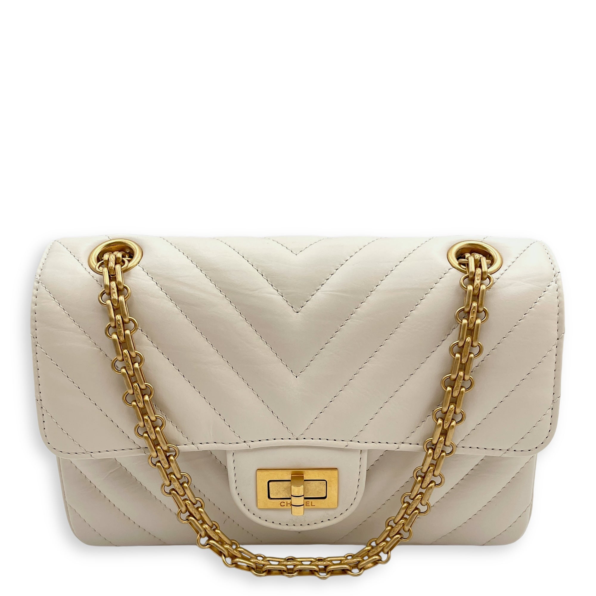 2.55 Chevron Reissue Mini White Crossbody Bag in Calfskin, Gold hardware