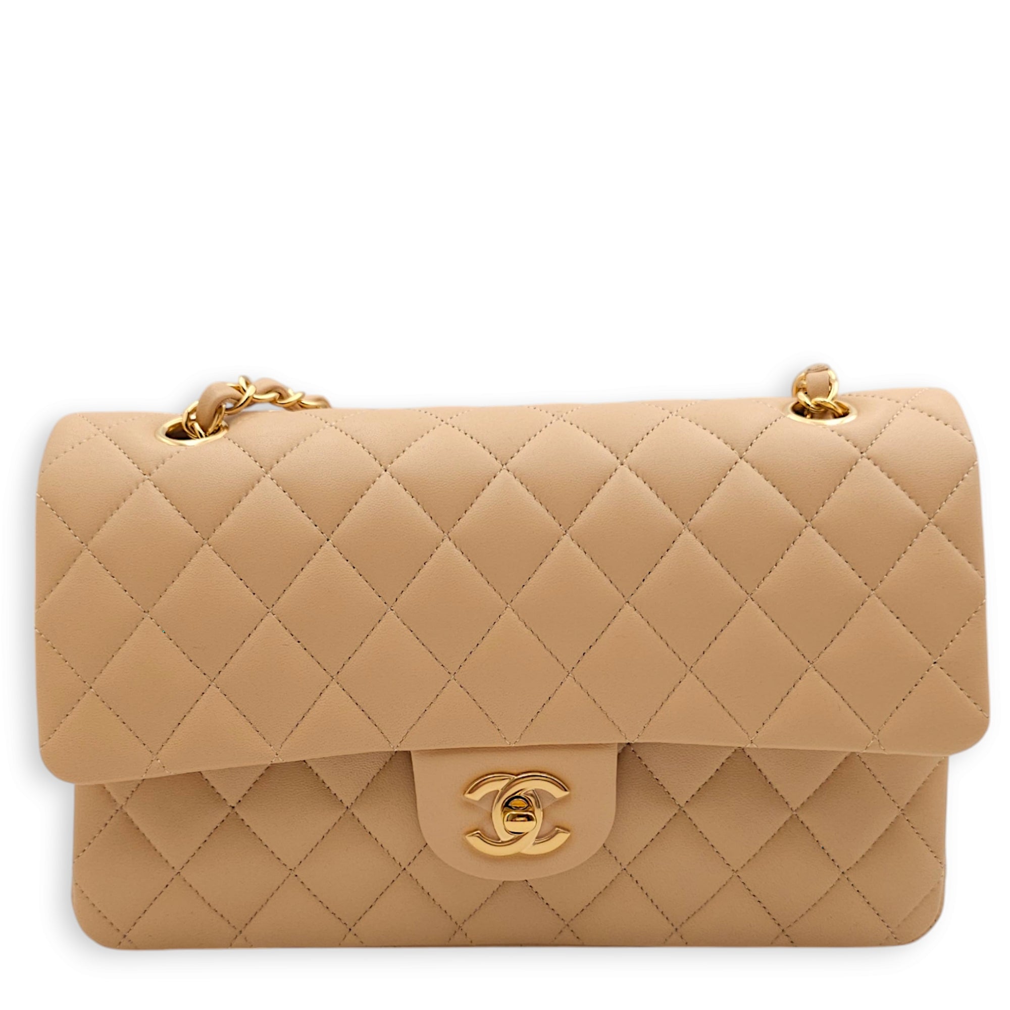 Classic (DF) Medium Beige Crossbody Bag in Lambskin, Gold hardware