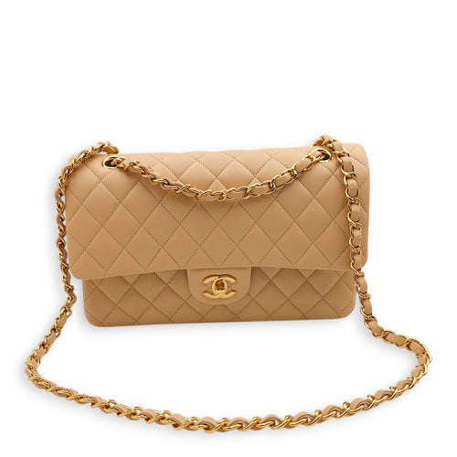 Classic (DF) Medium Beige Crossbody Bag in Lambskin, Gold hardware