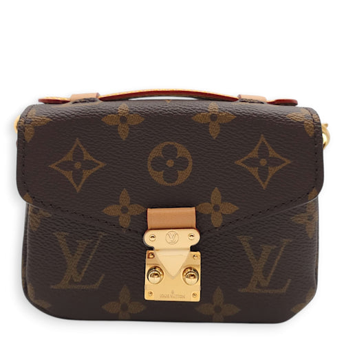 Metis Micro Brown Crossbody Bag in Coated Canvas, Gold hardware