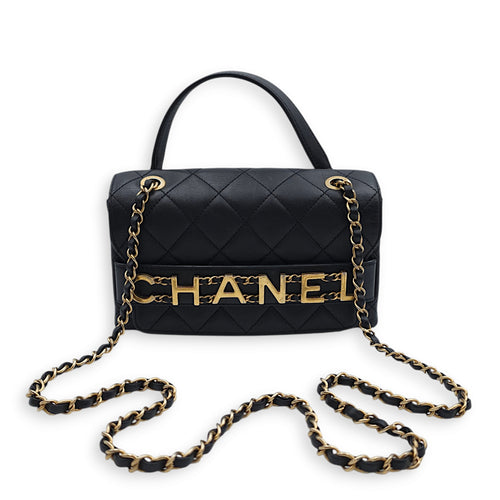 Seasonal Logo Enchained Flap 21.5x13.5x6cm Black Crossbody Bag in Calfskin, Gold hardware