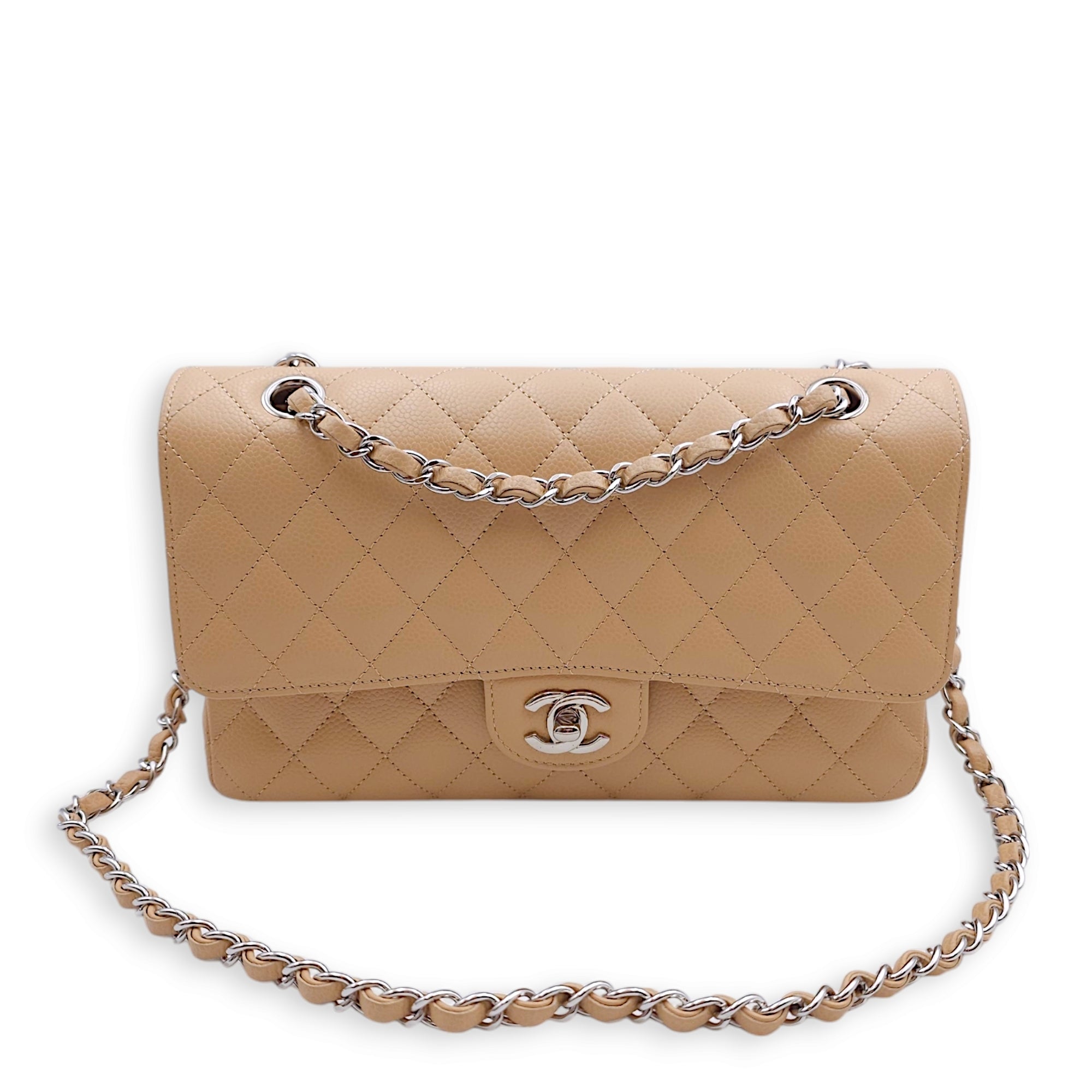 Classic (DF) Medium Beige Shoulder Bag in Caviar Leather, Silver hardware