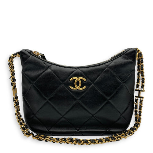 Seasonal Quilted Hobo with CHANEL Chain 22x15x6cm Black Shoulder Bag in Lambskin, Gold hardware