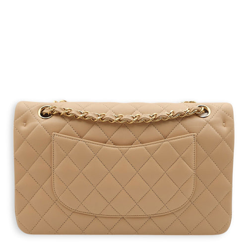 Classic (DF) Medium Beige Shoulder Bag in Lambskin, Gold hardware