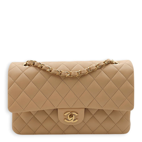 Classic (DF) Medium Beige Shoulder Bag in Lambskin, Gold hardware