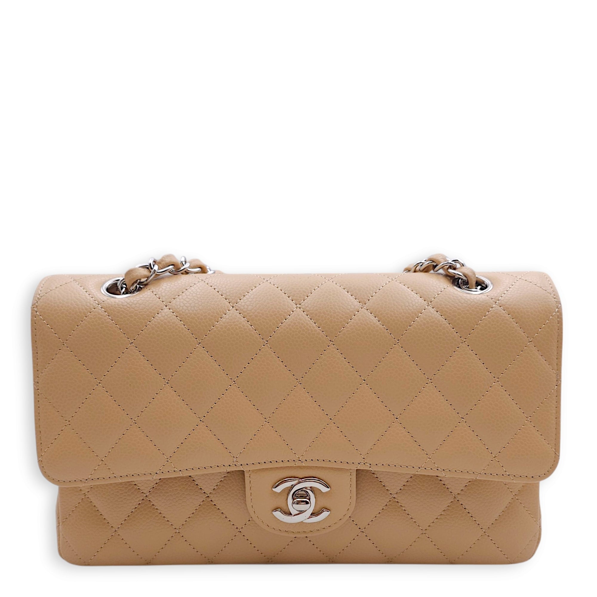 Classic (DF) Medium Beige Shoulder Bag in Caviar Leather, Silver hardware