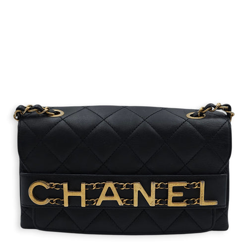 Seasonal Logo Enchained Flap 21.5x13.5x6cm Black Crossbody Bag in Calfskin, Gold hardware