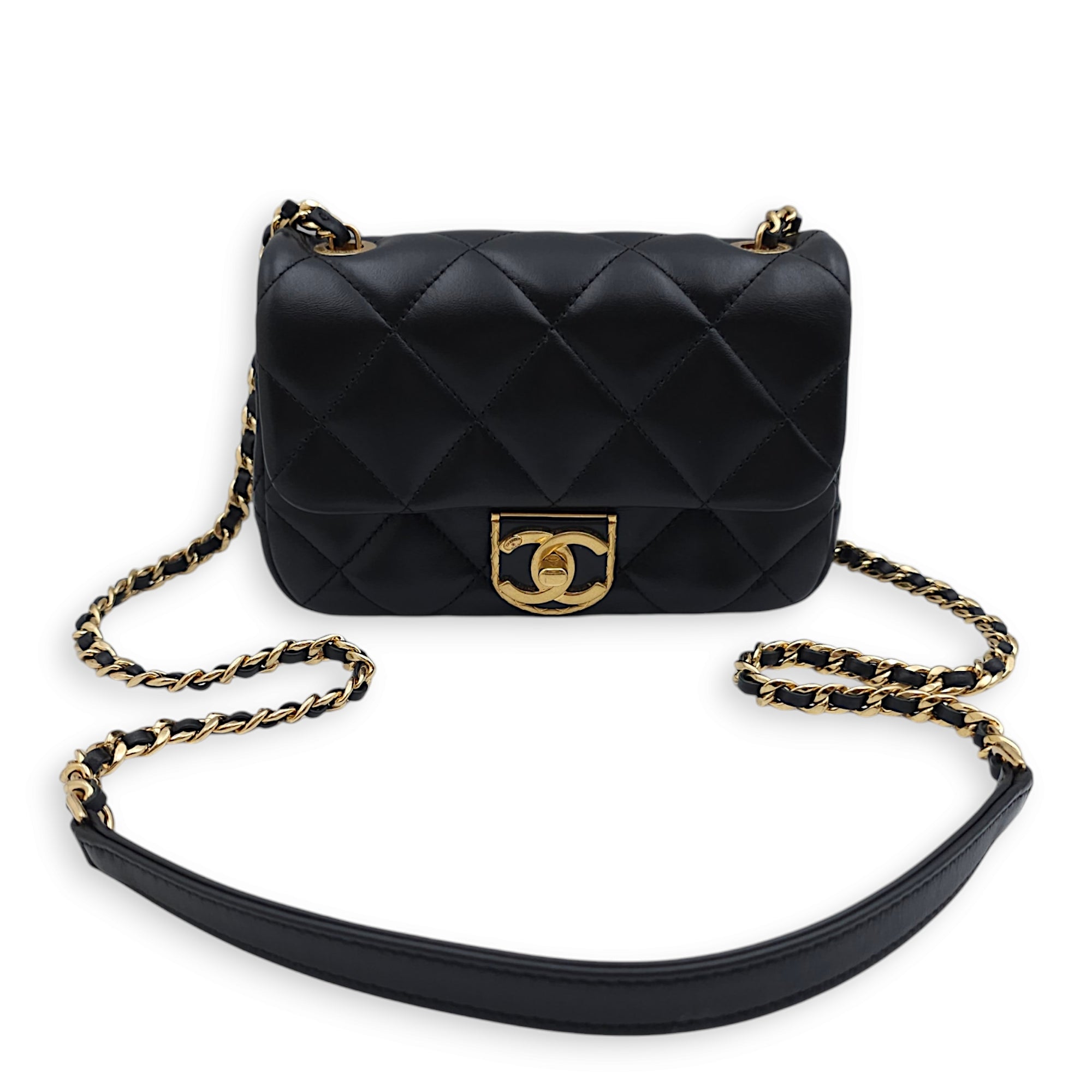 Seasonal Quilted Mini Flap 18x12x6cm Black Crossbody Bag in Lambskin, Gold hardware