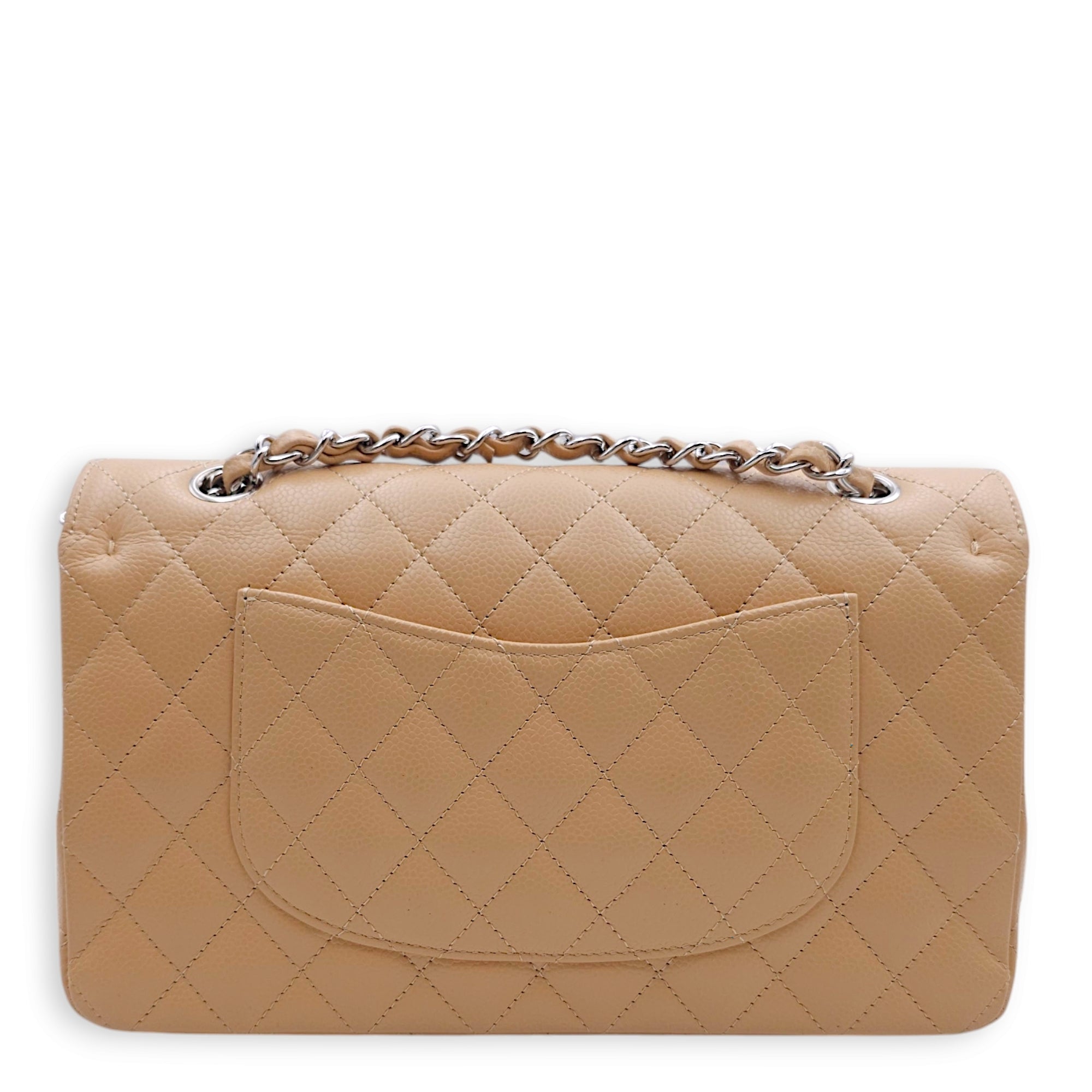 Classic (DF) Medium Beige Shoulder Bag in Caviar Leather, Silver hardware