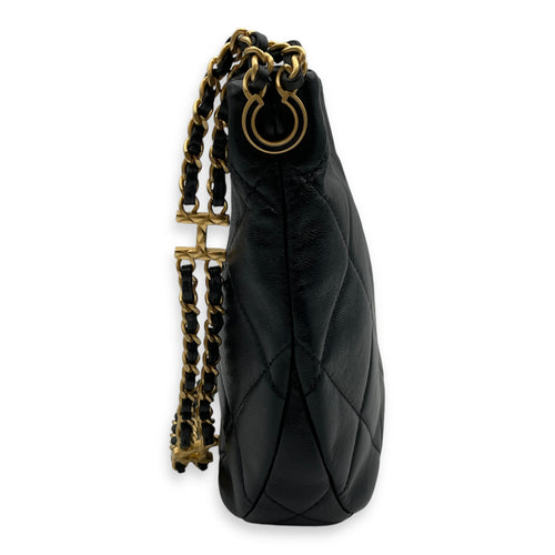 Seasonal Quilted Hobo with CHANEL Chain 22x15x6cm Black Shoulder Bag in Lambskin, Gold hardware